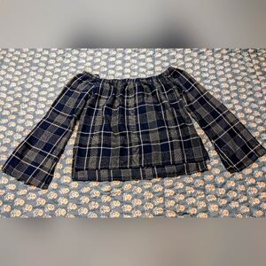 Cloth & Stone Anthro Blue and Cream Plaid 100% Cotton Off the Shoulder Top sz S